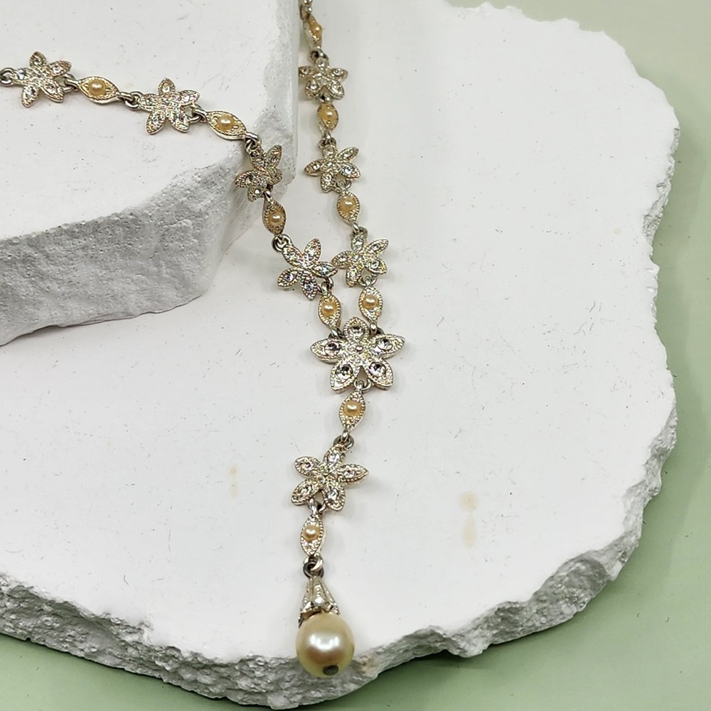 Silver Tone Rhinestone Faux Pearl Floral Y Necklace Romantic Bridal Statement